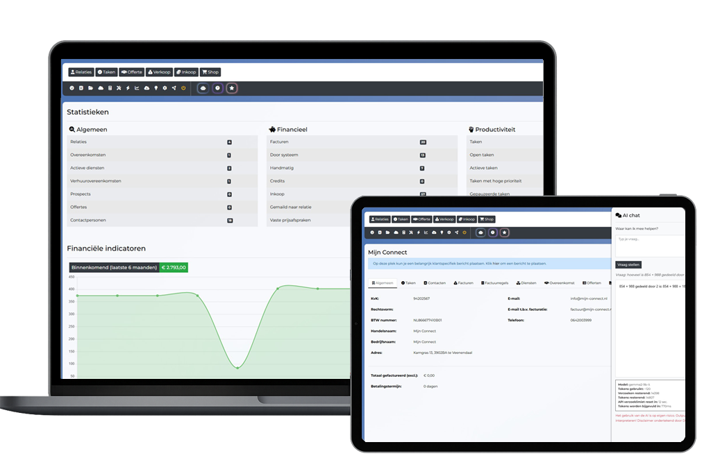 MIJN CRM+ dashboard getoond op laptop en tablet - responsive design