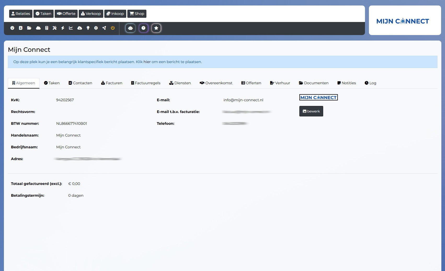 Gedetailleerde klantkaart met alle contactgegevens en historie